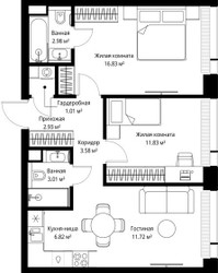 Планировка двухкомнатной(квартира) площадью 60.71 квадратных метров в ЖК “ЖК Веер”