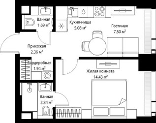 Планировка однокомнатной(квартира) площадью 35.84 квадратных метров в ЖК “ЖК Веер”