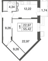 Планировка однокомнатной(квартира) площадью 55.42 квадратных метров в “ЖК Времена года”