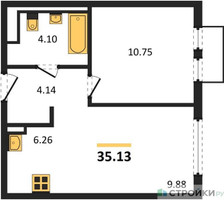 Планировка однокомнатной(квартира) площадью 35.13 квадратных метров в “ЖК Пригород Лесное”