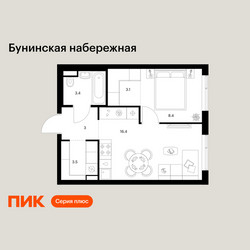 Планировка однокомнатной(квартира) площадью 37.8 квадратных метров в ЖК “Бунинская набережная”
