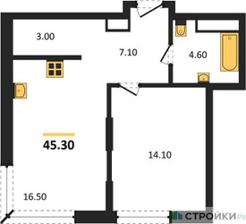 Планировка однокомнатной(квартира) площадью 45.3 квадратных метров в ЖК “Кутузов Сити”