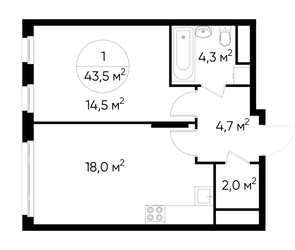 Планировка однокомнатной(квартира) площадью 43.5 квадратных метров в ЖК “ЖК Переделкино Ближнее”