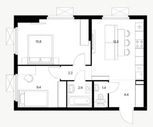 Планировка двухкомнатной(квартира) площадью 51.6 квадратных метров в ЖК “Ярославский квартал”