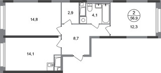 Планировка двухкомнатной(квартира) площадью 56.9 квадратных метров в “ЖК Переделкино Ближнее”