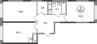 Планировка двухкомнатной(квартира) площадью 56.9 квадратных метров в ЖК “ЖК Переделкино Ближнее”