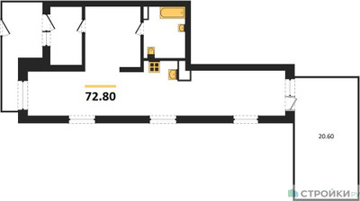 Планировка однокомнатной(квартира) площадью 72.8 квадратных метров в ЖК “ЖК Первый квартал”