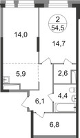 Планировка двухкомнатной(квартира) площадью 54.5 квадратных метров в “ЖК Первый Московский”
