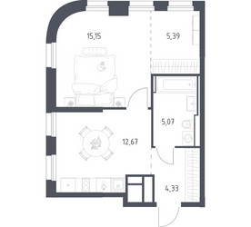 Планировка однокомнатной(квартира) площадью 42.61 квадратных метров в ЖК “ЖК Квартал на воде (Графика на воде)”