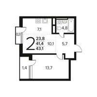 Планировка двухкомнатной(квартира) площадью 43.1 квадратных метров в “Новые Ватутинки. Заречный”