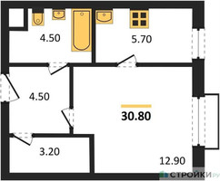 Планировка студии(квартира) площадью 30.8 квадратных метров в “ЖК Римский”