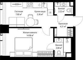Планировка однокомнатной(квартира) площадью 37.65 квадратных метров в “ЖК Веер”