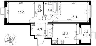 Планировка двухкомнатной(квартира) площадью 58.4 квадратных метров в “ЖК 1-й Химкинский (Первый Химкинский)”