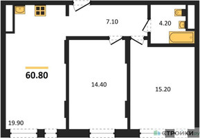 Планировка двухкомнатной(квартира) площадью 60.8 квадратных метров в “ЖК Переделкино Ближнее”