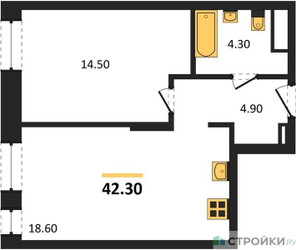 Планировка однокомнатной(квартира) площадью 42.3 квадратных метров в ЖК “ЖК Первый Московский”