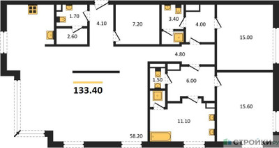 Планировка двухкомнатной(квартира) площадью 133.4 квадратных метров в ЖК “ЖК Nicole (Николь)”