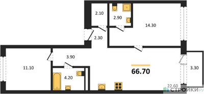Планировка двухкомнатной(квартира) площадью 66.7 квадратных метров в ЖК “ЖК Дом А”
