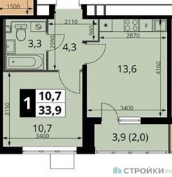 Планировка однокомнатной(квартира) площадью 33.9 квадратных метров в ЖК “ЖК 1-й Южный (Первый Южный)”