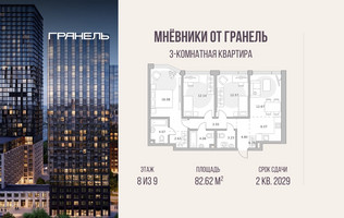 Планировка трехкомнатной(квартира) площадью 82.62 квадратных метров в “ЖК Мневники от Гранель”