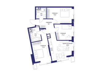Планировка трехкомнатной(квартира) площадью 83.5 квадратных метров в ЖК “ЖК Событие”
