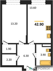 Планировка однокомнатной(квартира) площадью 42.9 квадратных метров в ЖК “ЖК Детали”