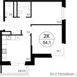 Планировка двухкомнатной(квартира) площадью 54.1 квадратных метров в ЖК “ЖК Одинцовские кварталы”