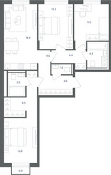 Планировка трехкомнатной(квартира) площадью 86.9 квадратных метров в ЖК “ЖК Равновесие”