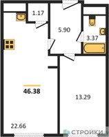 Планировка однокомнатной(апартаменты) площадью 46.38 квадратных метров в “ЖК Пятницкое 58 (Перец)”