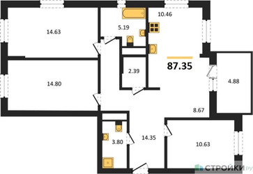 Планировка трехкомнатной(квартира) площадью 87.35 квадратных метров в ЖК “ЖК ВОСТОК II”