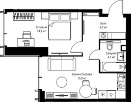 Планировка однокомнатной(квартира) площадью 41.6 квадратных метров в “ЖК Веер”