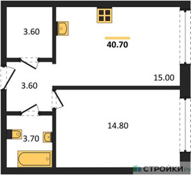 Планировка однокомнатной(квартира) площадью 40.7 квадратных метров в ЖК “ЖК Portland (Портланд)”