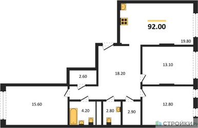 Планировка трехкомнатной(квартира) площадью 92 квадратных метров в ЖК “ЖК Переделкино Ближнее”