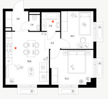 Планировка двухкомнатной(квартира) площадью 51.1 квадратных метров в “ЖК Саларьево парк”