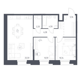 Планировка двухкомнатной(апартаменты) площадью 65.49 квадратных метров в ЖК “ЖК Апарт-отель Тропарево парк”