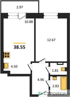 Планировка однокомнатной(квартира) площадью 38.55 квадратных метров в “Зеленый Оазис - Город”