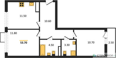 Планировка двухкомнатной(квартира) площадью 53.6 квадратных метров в ЖК “ЖК Бунинские кварталы”
