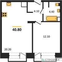 Планировка однокомнатной(квартира) площадью 40.8 квадратных метров в “ЖК The LAKE (Лэйк)”