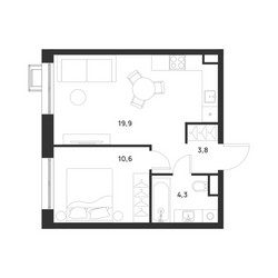 Планировка однокомнатной(квартира) площадью 38.6 квадратных метров в ЖК “ЖК Форевиль”