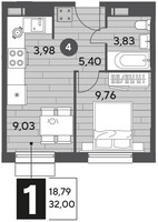Планировка однокомнатной(квартира) площадью 32 квадратных метров в “ЖК Публицист”