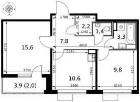Планировка двухкомнатной(квартира) площадью 52.7 квадратных метров в “ЖК 1-й Саларьевский (Первый Саларьевский)”
