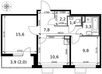 Планировка двухкомнатной(квартира) площадью 52.7 квадратных метров в ЖК “ЖК 1-й Саларьевский (Первый Саларьевский)”