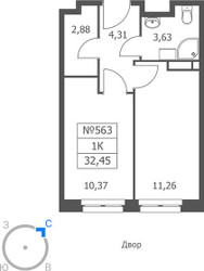 Планировка однокомнатной(апартаменты) площадью 32.45 квадратных метров в ЖК “ЖК Волковская 67”