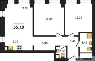 Планировка двухкомнатной(квартира) площадью 55.1 квадратных метров в “ЖК Emotion (Эмоушен)”