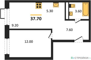 Планировка однокомнатной(квартира) площадью 37.7 квадратных метров в “ЖК ЭкоБунино (Южное Бунино)”