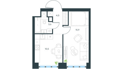 Планировка однокомнатной(квартира) площадью 33.9 квадратных метров в ЖК “ЖК Левел Южнопортовая”