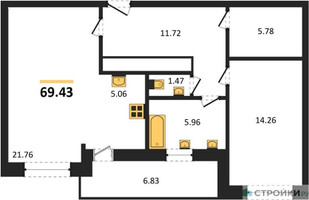 Планировка однокомнатной(квартира) площадью 69.43 квадратных метров в “ЖК ВОСТОК II”