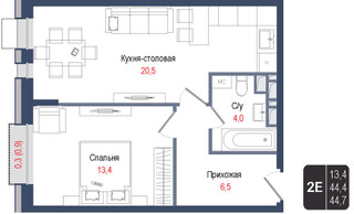 Планировка двухкомнатной(квартира) площадью 44.4 квадратных метров в “ЖК КИНОКВАРТАЛ”