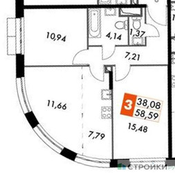 Планировка двухкомнатной(квартира) площадью 58.59 квадратных метров в ЖК “ЖК Движение. Говорово”