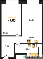 Планировка однокомнатной(квартира) площадью 47 квадратных метров в “ЖК Мираполис”