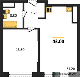 Планировка однокомнатной(квартира) площадью 43 квадратных метров в ЖК “ЖК Переделкино Ближнее”